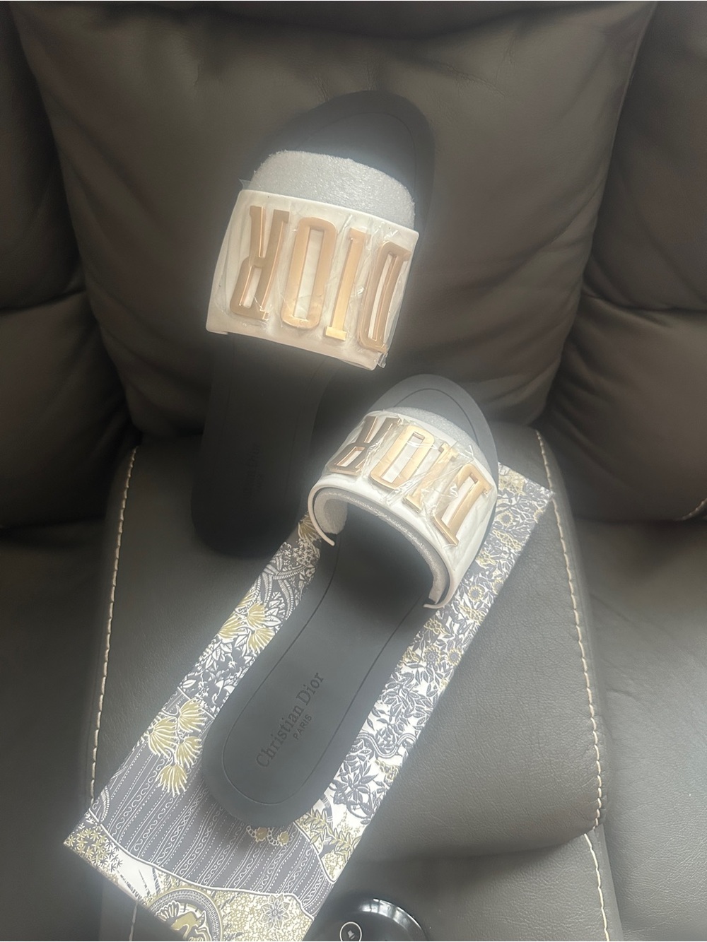 White and Gold Logo Kids Slide Sandals